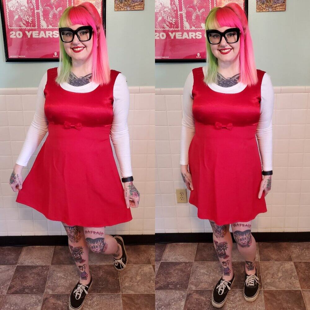 Vintage 90s Cherry Red Sleeveless Bow Detail A Line Mini Dress - Valentine's Day